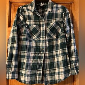 Eddie Bauer Teal and White Plaid Flannel Shirt